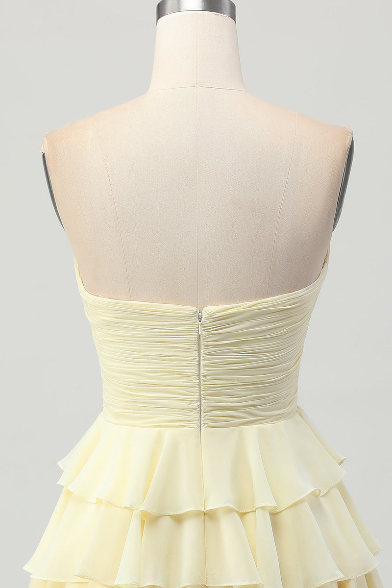 Load image into Gallery viewer, Light Yellow Sweetheart Ruffled Ruched Short Homecoming Dress with Bow