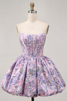 Load image into Gallery viewer, Floral Purple Strapless A Line Short Corset Homecoming Dress