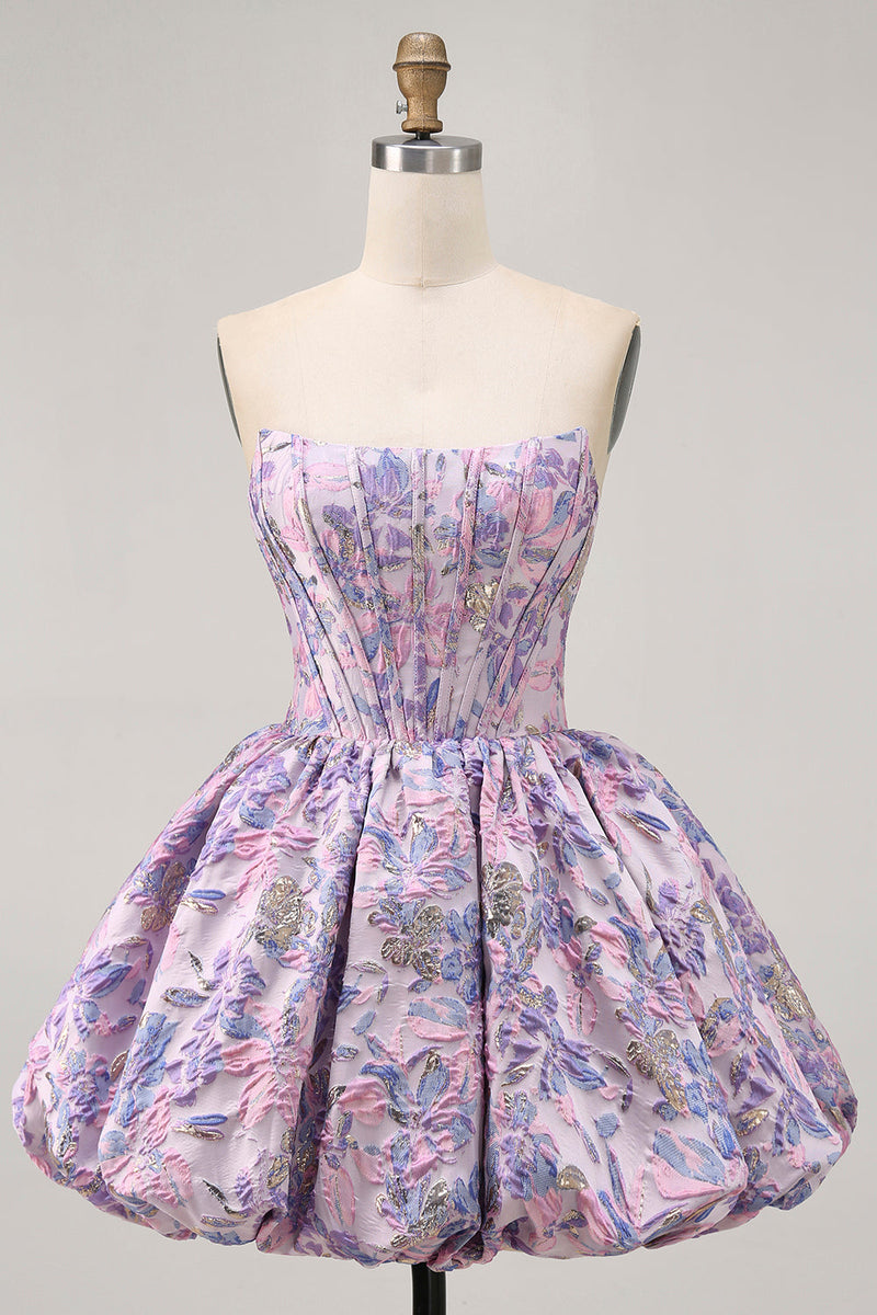 Load image into Gallery viewer, Floral Purple Strapless A Line Short Corset Homecoming Dress