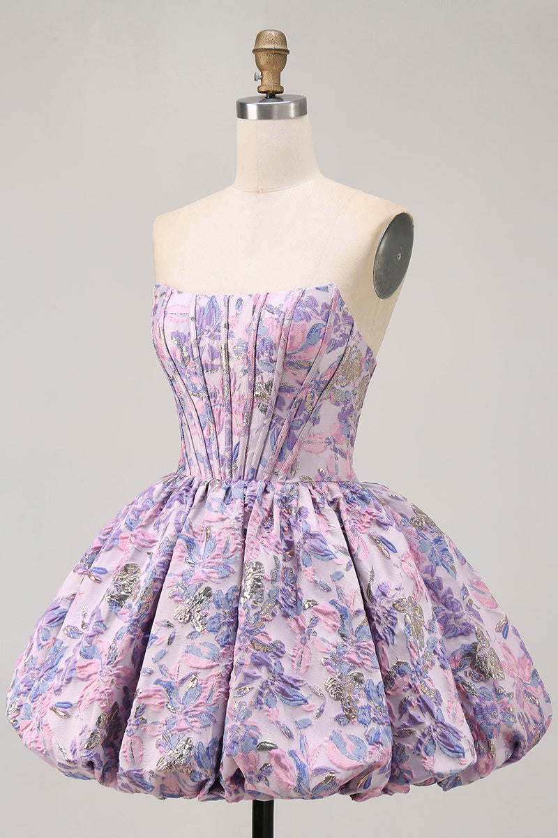 Load image into Gallery viewer, Floral Purple Strapless A Line Short Corset Homecoming Dress