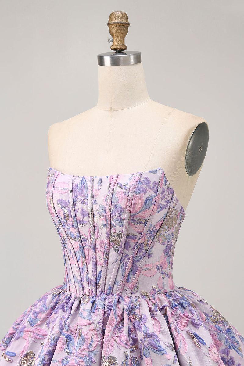 Load image into Gallery viewer, Floral Purple Strapless A Line Short Corset Homecoming Dress