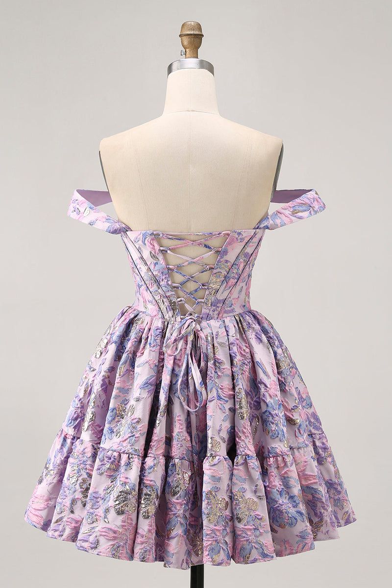 Load image into Gallery viewer, Floral Purple Off the Shoulder Short Corset Homecoming Dress