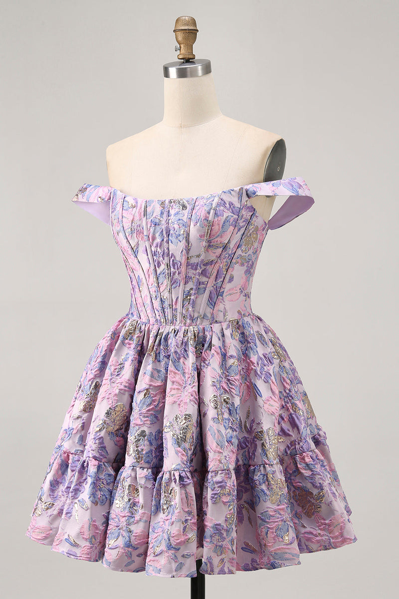 Load image into Gallery viewer, Floral Purple Off the Shoulder Short Corset Homecoming Dress