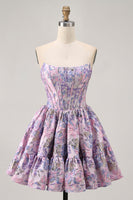 Load image into Gallery viewer, Floral Purple Off the Shoulder Short Corset Homecoming Dress