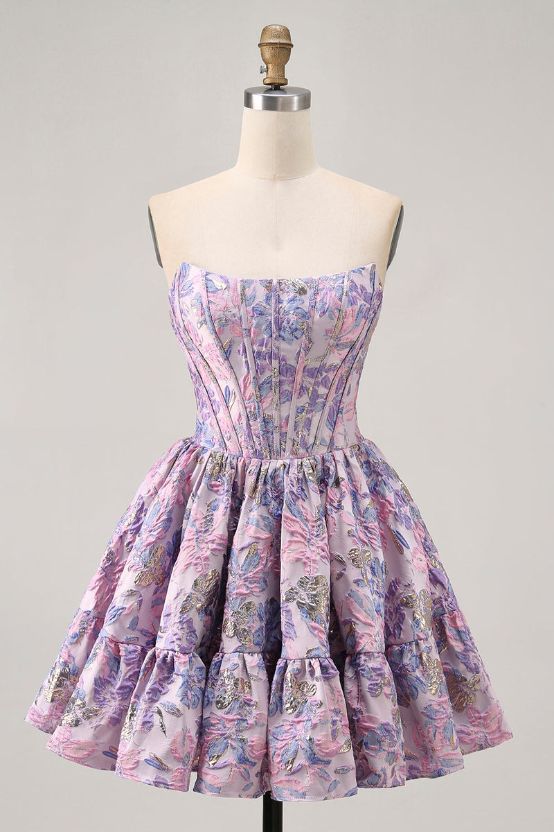 Load image into Gallery viewer, Floral Purple Off the Shoulder Short Corset Homecoming Dress