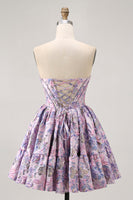 Load image into Gallery viewer, Floral Purple Off the Shoulder Short Corset Homecoming Dress
