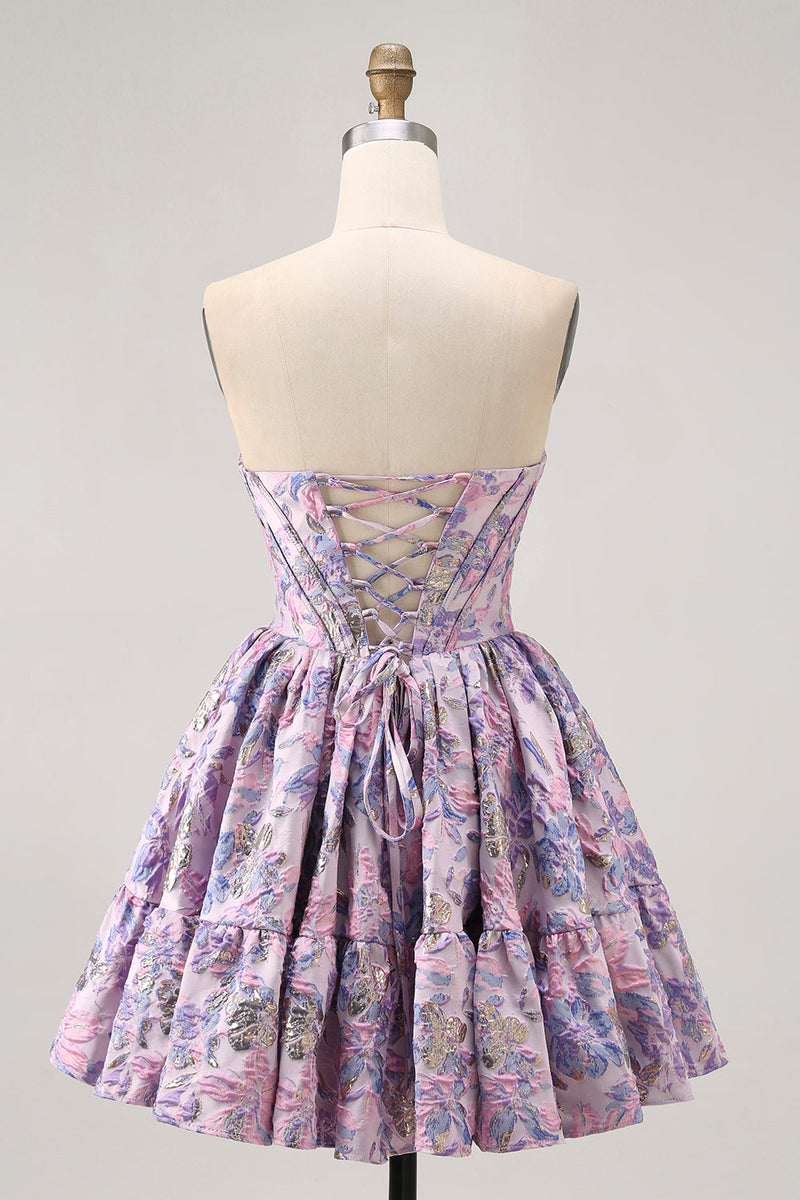 Load image into Gallery viewer, Floral Purple Off the Shoulder Short Corset Homecoming Dress
