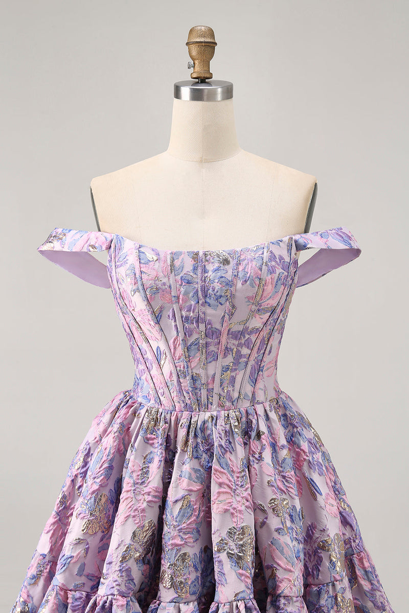 Load image into Gallery viewer, Floral Purple Off the Shoulder Short Corset Homecoming Dress