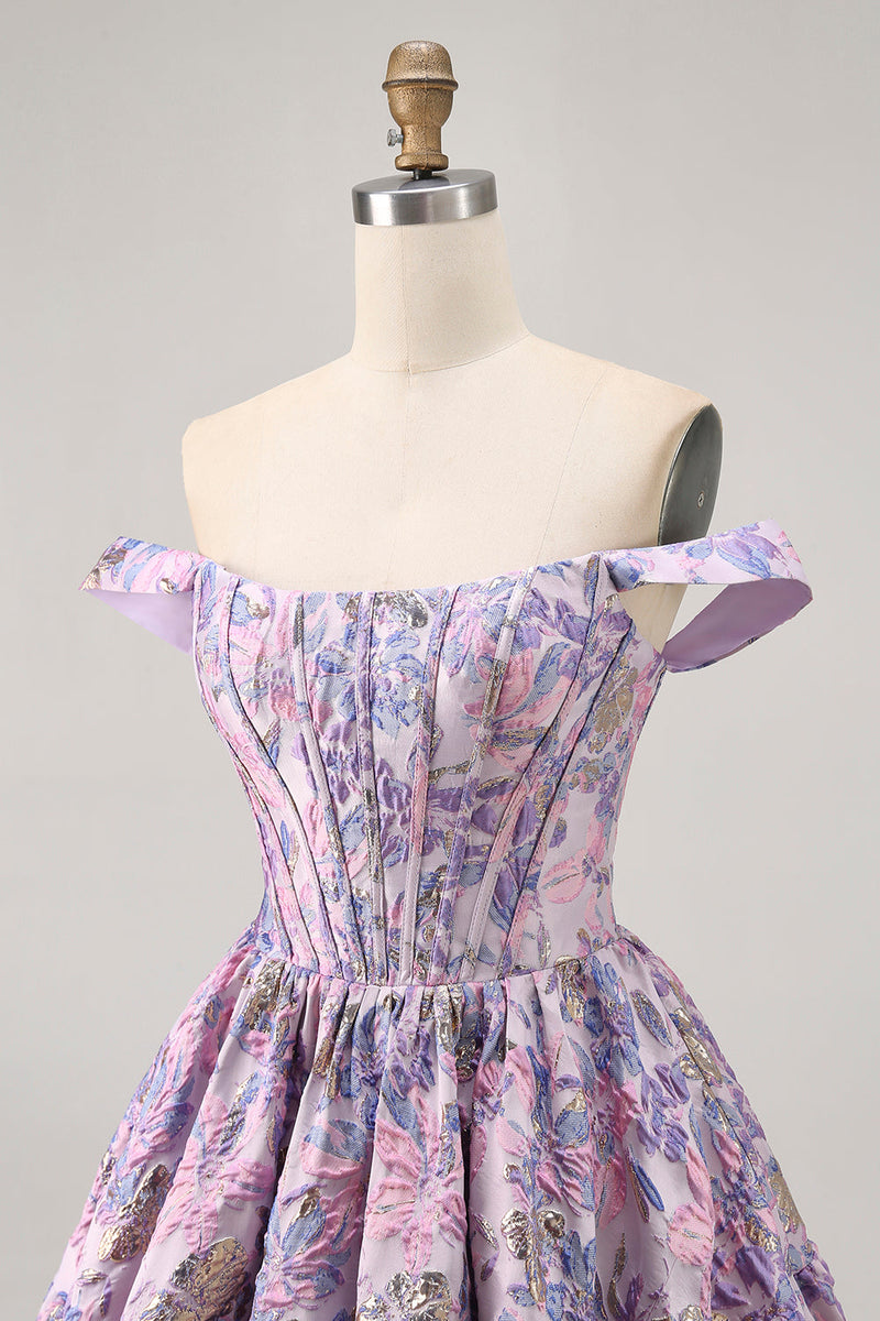 Load image into Gallery viewer, Floral Purple Off the Shoulder Short Corset Homecoming Dress