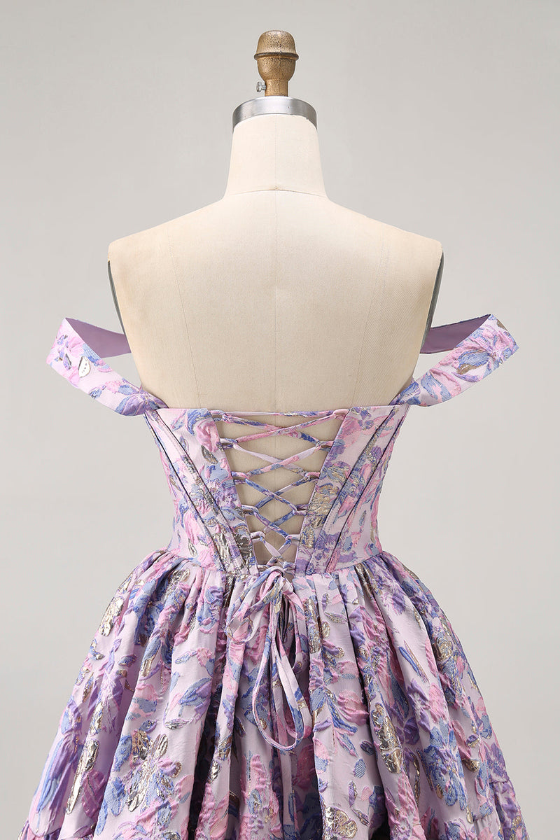 Load image into Gallery viewer, Floral Purple Off the Shoulder Short Corset Homecoming Dress