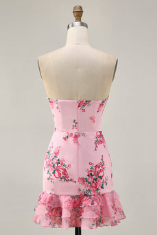 Floral Pink Tight Strapless Short Homecoming Dress with Bow