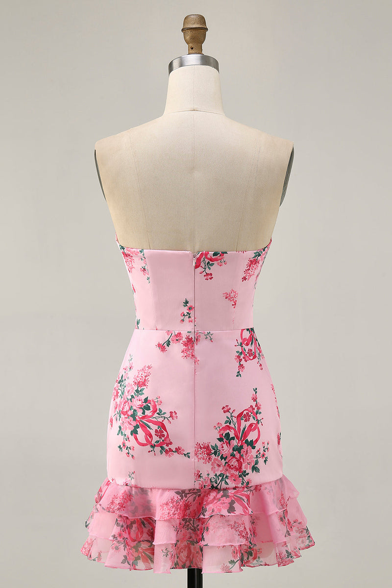 Load image into Gallery viewer, Floral Pink Tight Strapless Short Homecoming Dress with Bow