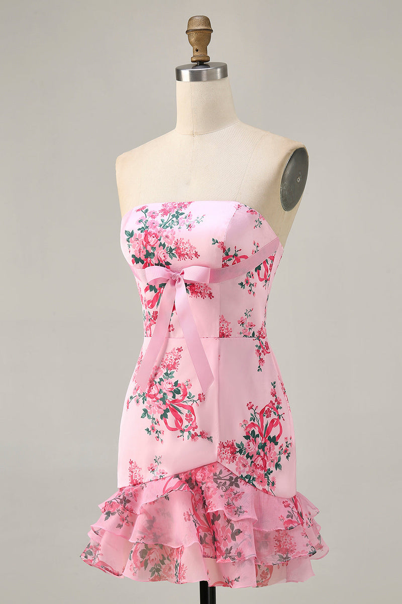 Load image into Gallery viewer, Floral Pink Tight Strapless Short Homecoming Dress with Bow