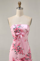 Load image into Gallery viewer, Floral Pink Tight Strapless Short Homecoming Dress with Bow