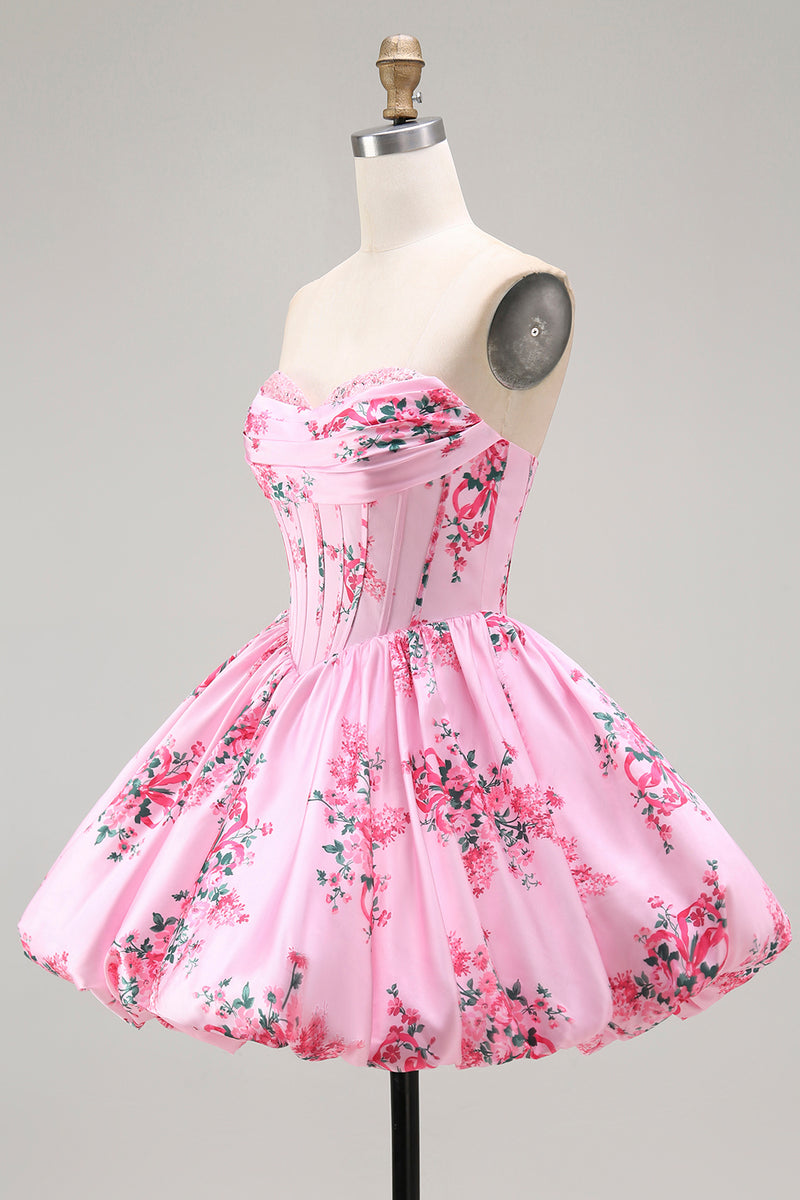 Load image into Gallery viewer, Floral Pink A Line Sweetheart Short Corset Homecoming Dress