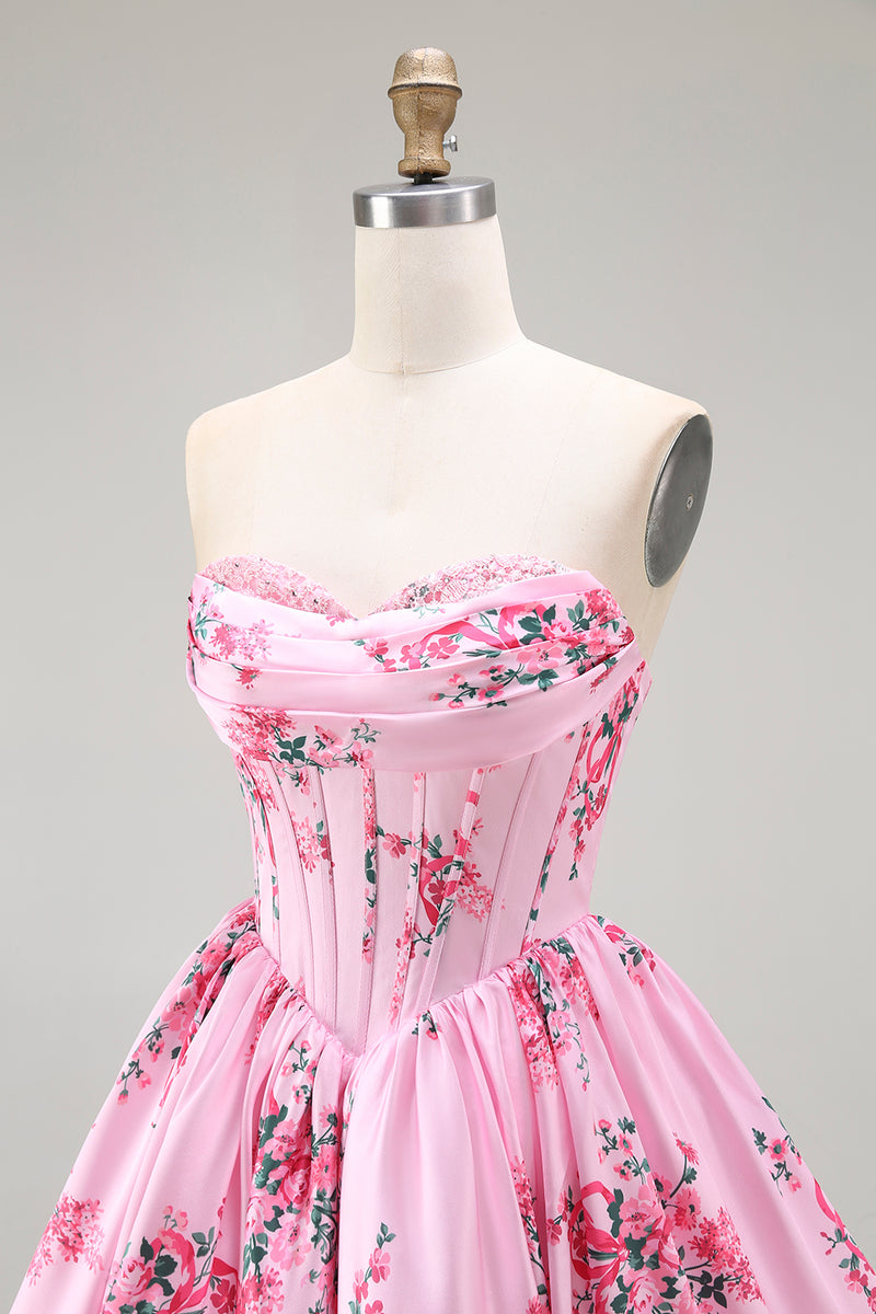 Load image into Gallery viewer, Floral Pink A Line Sweetheart Short Corset Homecoming Dress