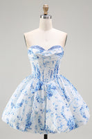 Load image into Gallery viewer, Floral White Blue Sweetheart Short Corset Homecoming Dress