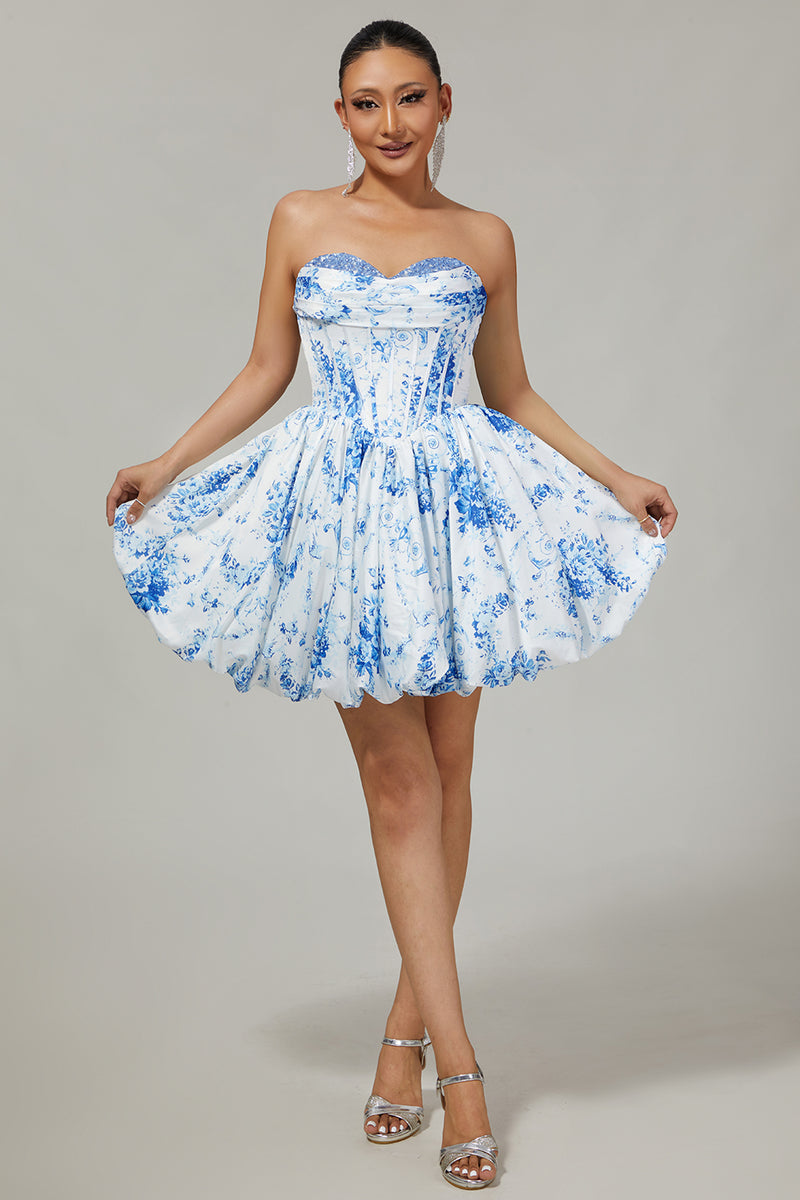 Load image into Gallery viewer, Floral White Blue Sweetheart Short Corset Homecoming Dress