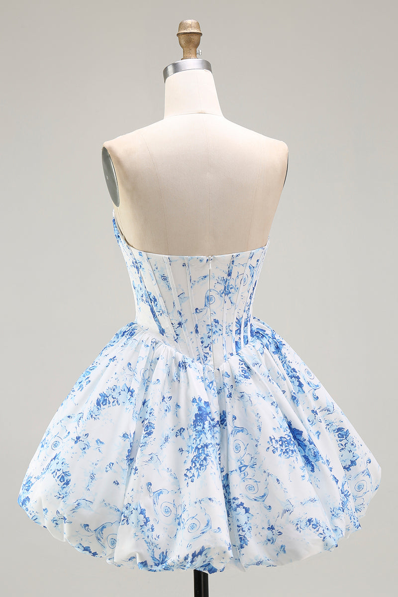 Load image into Gallery viewer, Floral White Blue Sweetheart Short Corset Homecoming Dress