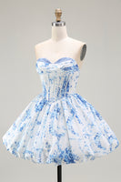 Load image into Gallery viewer, Floral White Blue Sweetheart Short Corset Homecoming Dress