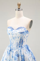 Load image into Gallery viewer, Floral White Blue Sweetheart Short Corset Homecoming Dress