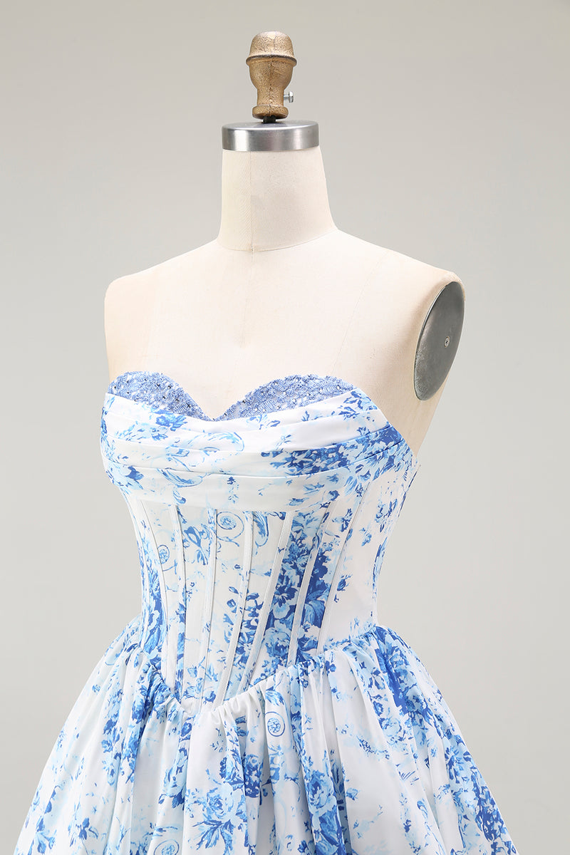 Load image into Gallery viewer, Floral White Blue Sweetheart Short Corset Homecoming Dress