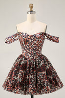 Load image into Gallery viewer, Khaki Cheetah Print Off the Shoulder Short Corset Homecoming Dress
