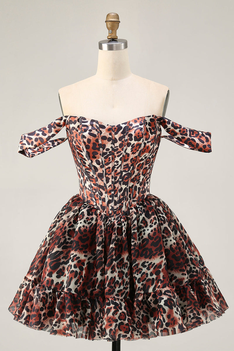 Load image into Gallery viewer, Khaki Cheetah Print Off the Shoulder Short Corset Homecoming Dress