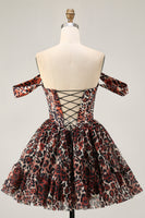 Load image into Gallery viewer, Khaki Cheetah Print Off the Shoulder Short Corset Homecoming Dress