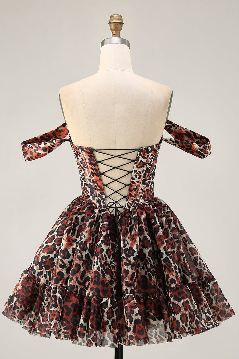 Load image into Gallery viewer, Khaki Cheetah Print Off the Shoulder Short Corset Homecoming Dress