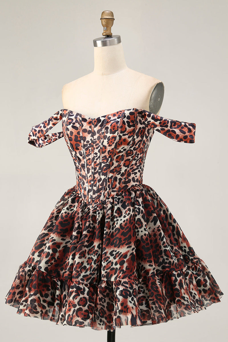 Load image into Gallery viewer, Khaki Cheetah Print Off the Shoulder Short Corset Homecoming Dress