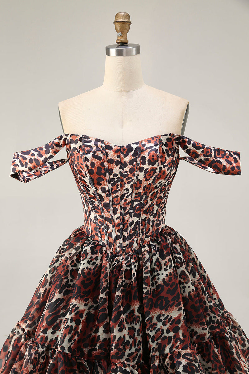 Load image into Gallery viewer, Khaki Cheetah Print Off the Shoulder Short Corset Homecoming Dress