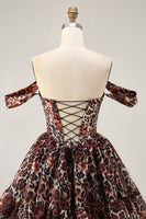 Load image into Gallery viewer, Khaki Cheetah Print Off the Shoulder Short Corset Homecoming Dress
