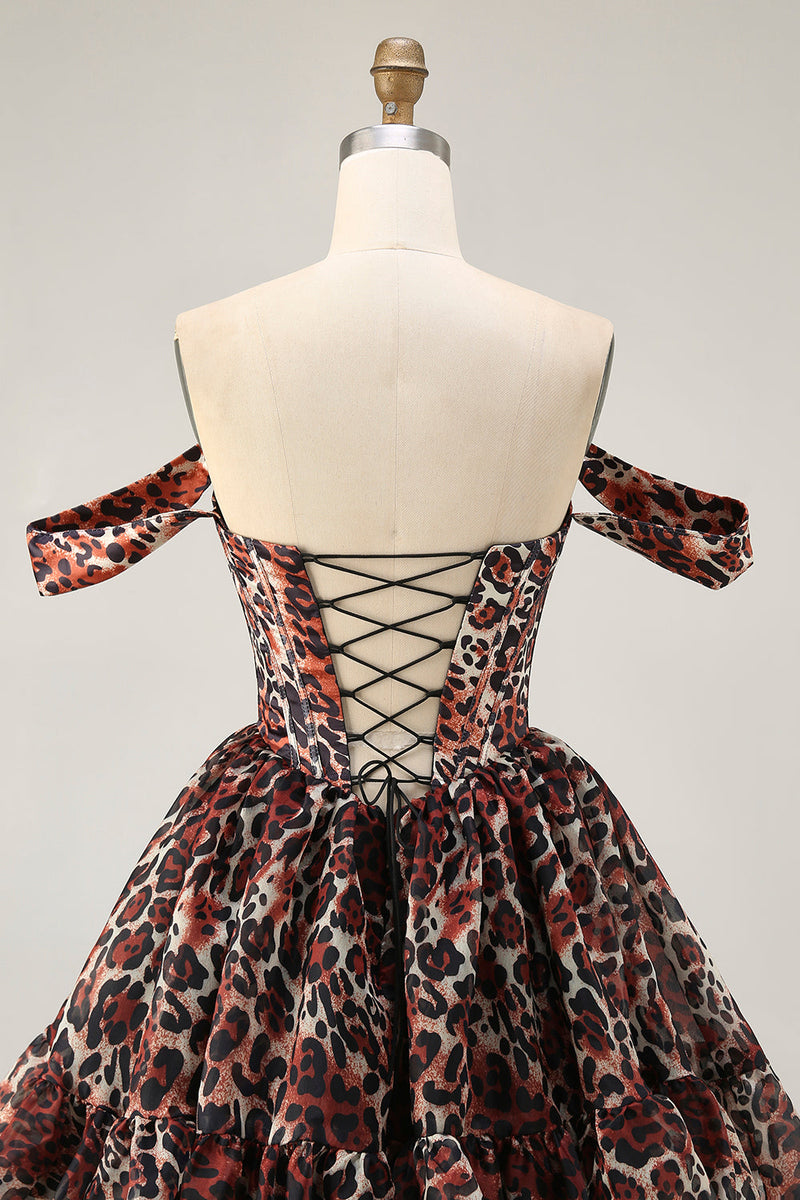 Load image into Gallery viewer, Khaki Cheetah Print Off the Shoulder Short Corset Homecoming Dress