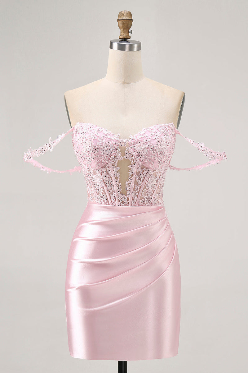 Load image into Gallery viewer, Sparkly Pink Satin Tight Beaded Short Corset Homecoming Dress with Lace