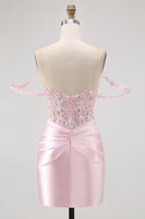 Load image into Gallery viewer, Sparkly Pink Satin Tight Beaded Short Corset Homecoming Dress with Lace