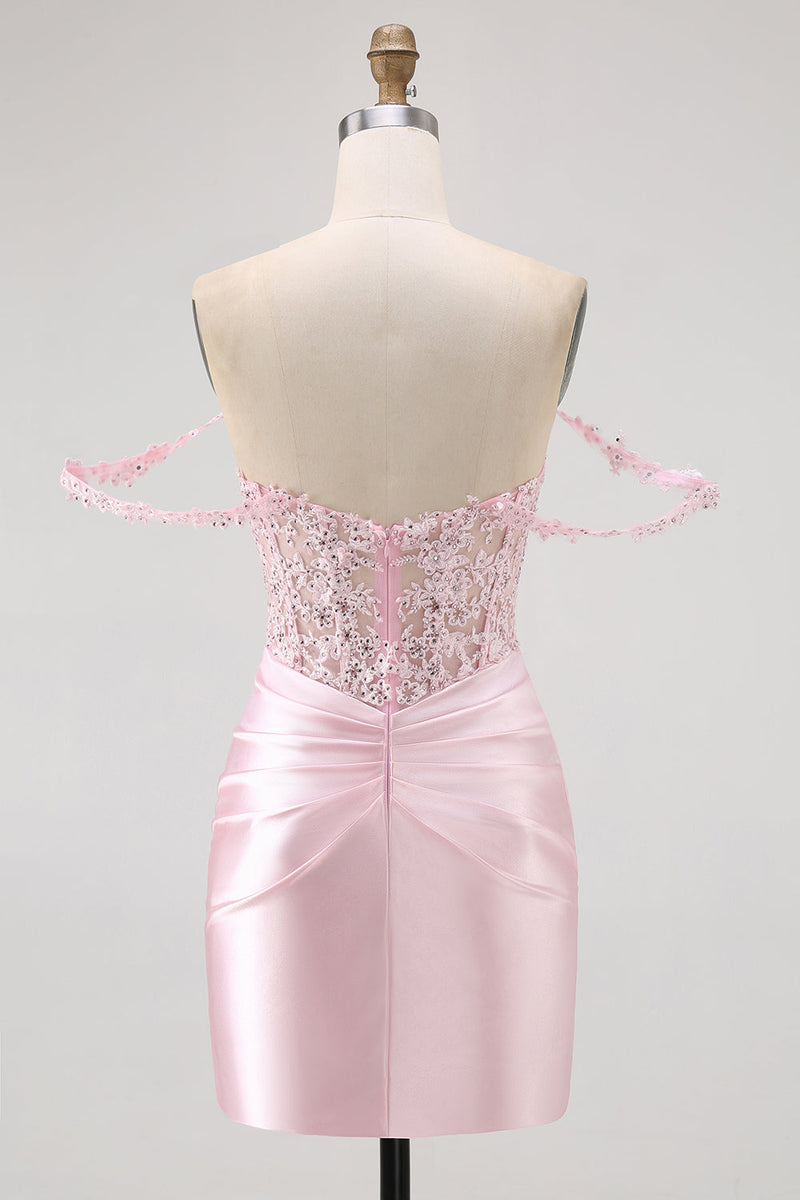 Load image into Gallery viewer, Sparkly Pink Satin Tight Beaded Short Corset Homecoming Dress with Lace