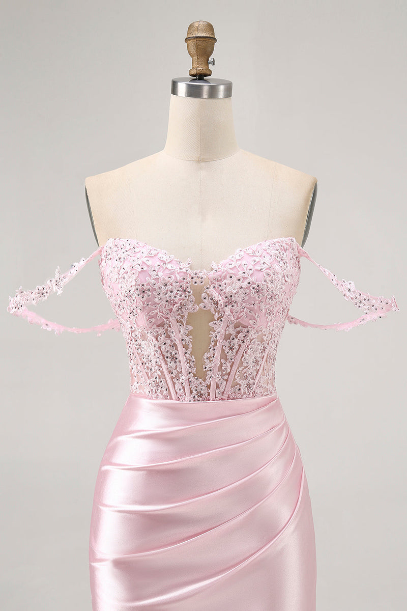 Load image into Gallery viewer, Sparkly Pink Satin Tight Beaded Short Corset Homecoming Dress with Lace