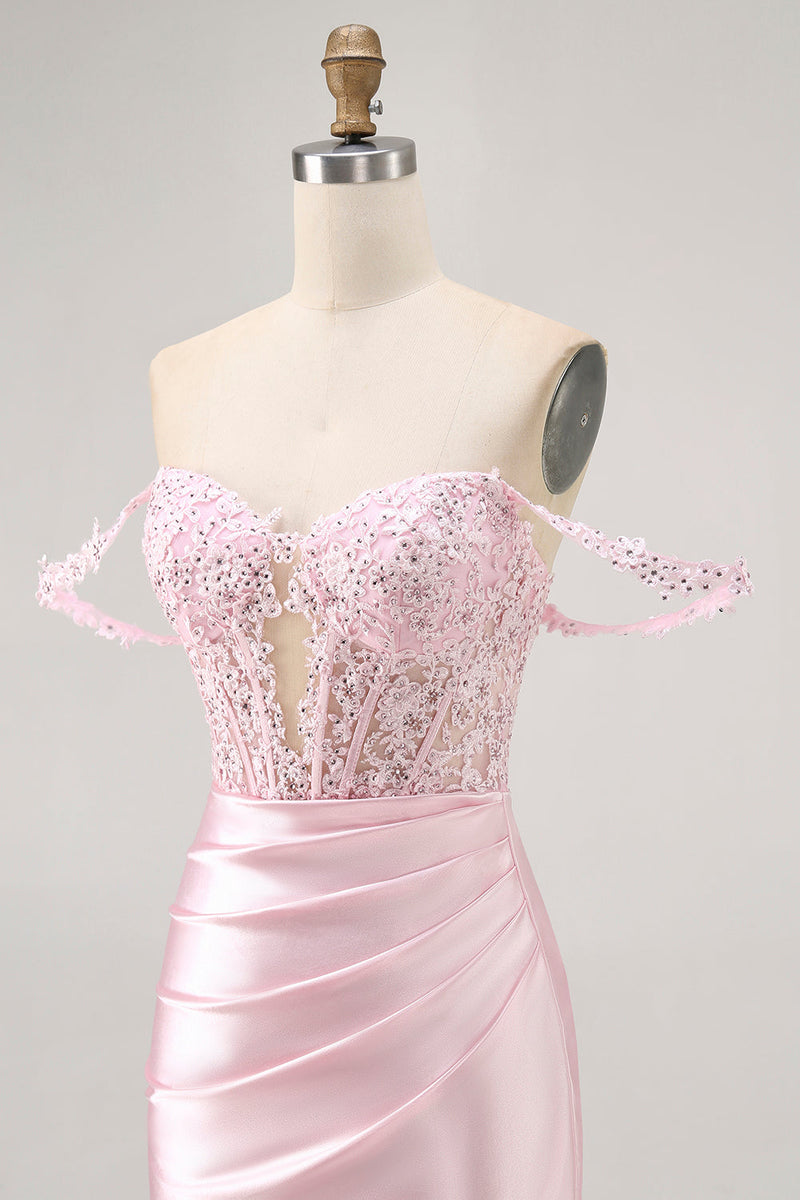Load image into Gallery viewer, Sparkly Pink Satin Tight Beaded Short Corset Homecoming Dress with Lace