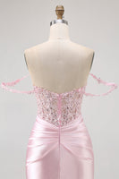Load image into Gallery viewer, Sparkly Pink Satin Tight Beaded Short Corset Homecoming Dress with Lace