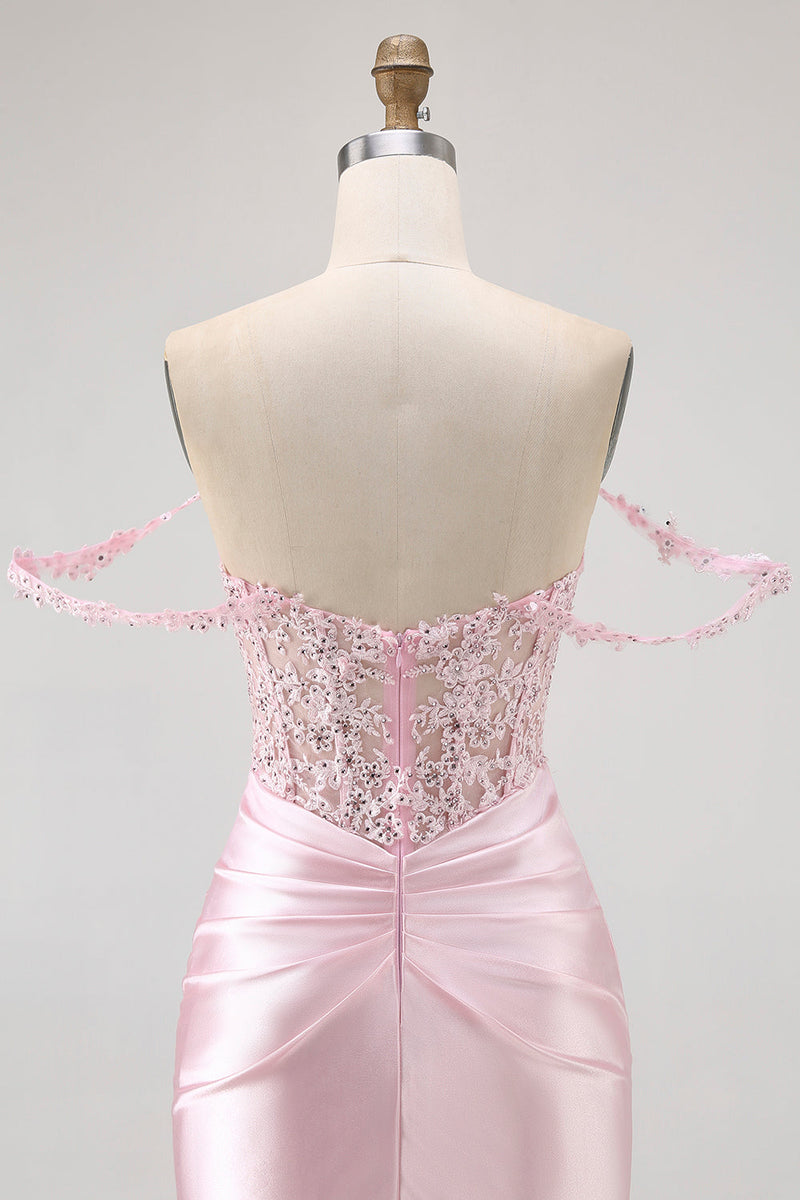 Load image into Gallery viewer, Sparkly Pink Satin Tight Beaded Short Corset Homecoming Dress with Lace