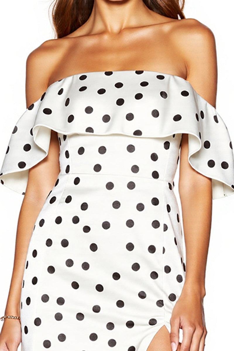 Load image into Gallery viewer, Off the Shoulder White and Black Tight Short Polka Dot Dress with Slit