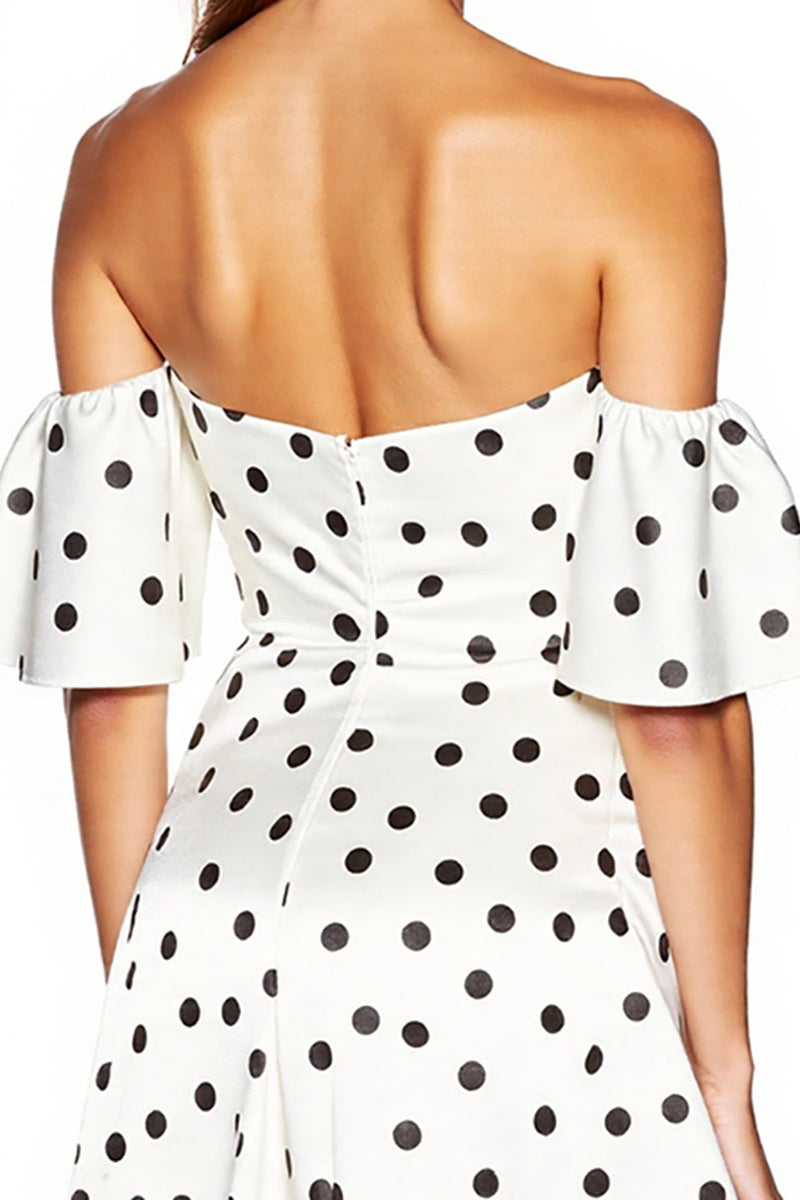 Load image into Gallery viewer, Off the Shoulder White and Black Tight Short Polka Dot Dress with Slit