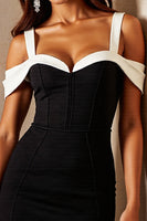 Load image into Gallery viewer, Black and White Corset Cold Shoulder Tight Short Satin Patchwork Cocktail Dress