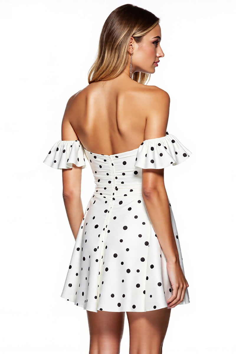 Load image into Gallery viewer, White and Black Short Strapless Polka Dot Dress with Sleeves