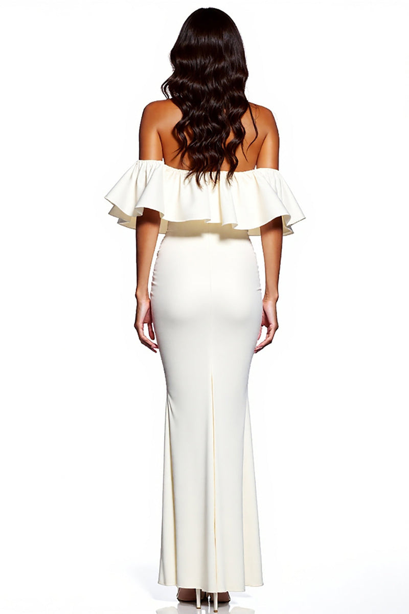 Load image into Gallery viewer, White Sheath Satin Off the Shoulder Maxi Formal Dress with Slit