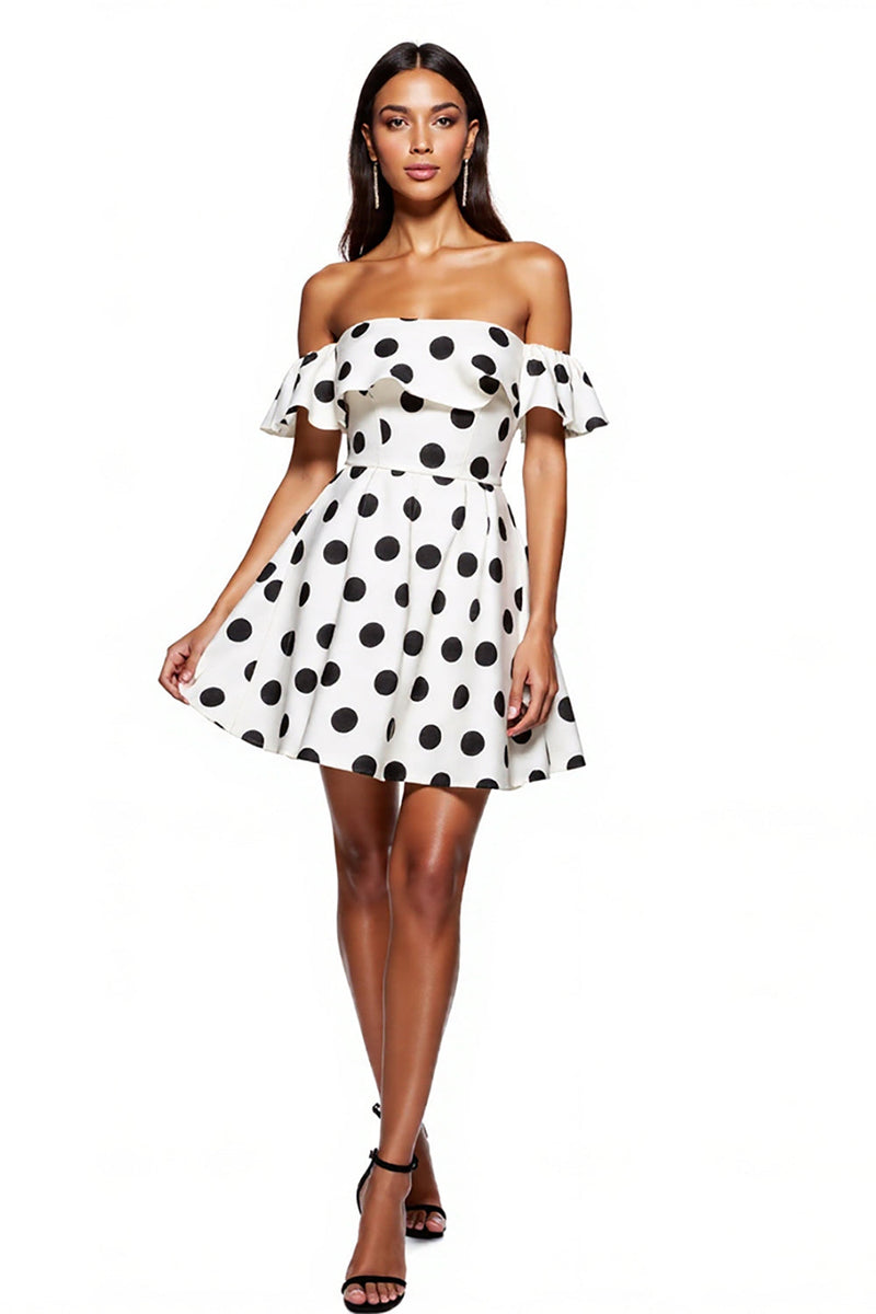 Load image into Gallery viewer, White and Black Short A Line Off the Shoulder Polka Dot Dress