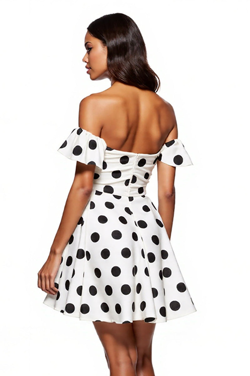 Load image into Gallery viewer, White and Black Short A Line Off the Shoulder Polka Dot Dress