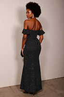 Load image into Gallery viewer, Black and White Off the Shoulder Sheath Maxi Polka Dot Dress with Slit