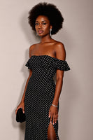 Load image into Gallery viewer, Black and White Off the Shoulder Sheath Maxi Polka Dot Dress with Slit